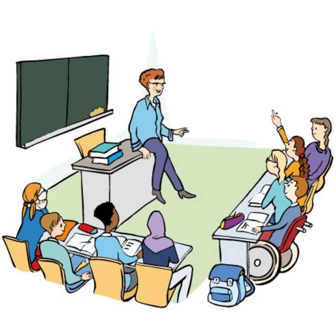 Die Abbildung zeigt einen Klassenraum mit Schülern und einer Lehrerin.