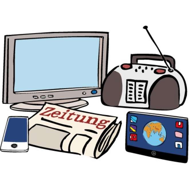Die Abbildung zeigt einen Computer, ein Radio, ein Smartphone, eine Zeitung und ein Tablet.