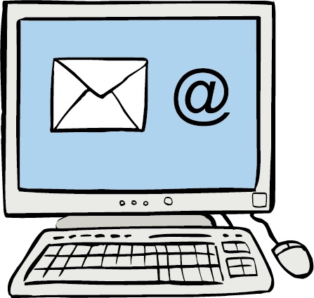 Die Abbildung zeigt einen Computer. Auf dem Bildschirm ist ein Zeichen für E-Mail und ein @-Zeichen.